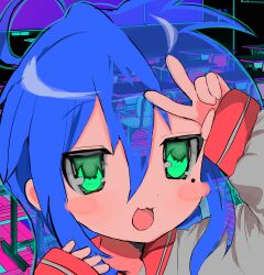 Rule 34 | 1girl, :d, absurdres, ahoge, blue hair, blush stickers, chair, classroom, desk, dot nose, green eyes, hair between eyes, hands up, highres, izumi konata, jitome, long hair, long sleeves, looking at viewer, lucky star, mole, mole under eye, momae makku, open mouth, portrait, puffy sleeves, raised eyebrows, red sailor collar, ryouou school uniform, sailor collar, school, school chair, school desk, school uniform, serafuku, sleeves past wrists, smile, solo, straight hair, v, winter uniform