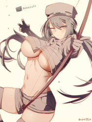 Rule 34 | 1girl, at2., blush, bow (weapon), breasts, cleavage, closed mouth, commentary request, copyright name, english text, gloves, grey eyes, grey hair, hat, highres, holding, holding bow (weapon), holding weapon, large breasts, long hair, looking at viewer, midriff, minecraft, navel, personification, short shorts, shorts, simple background, skeleton (minecraft), skindentation, solo, thighhighs, thighs, twintails, twitter username, underboob, weapon, white background