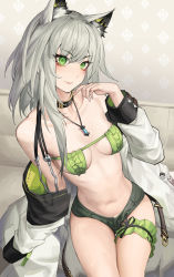 Rule 34 | 1girl, arknights, bikini, bridal garter, chinese commentary, commentary request, green bikini, henz, highres, indoors, kal&#039;tsit (arknights), partial commentary, solo, swimsuit, thighs