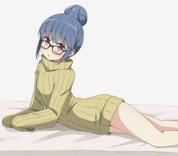 Rule 34 | 1girl, aikawa ryou, bed sheet, bespectacled, black-framed eyewear, blue hair, blush, brown sweater, commentary request, feet out of frame, glasses, grey background, hair between eyes, hair bun, highres, long sleeves, looking at viewer, parted lips, purple eyes, shima rin, single hair bun, sleeves past fingers, sleeves past wrists, solo, sweater, turtleneck, turtleneck sweater, yurucamp