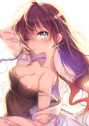 Rule 34 | 10s, 1girl, :3, ahoge, artist name, black shirt, blue eyes, blush, breasts, brown hair, cleavage, collarbone, earrings, female focus, ichinose shiki, idolmaster, idolmaster cinderella girls, jacket, jewelry, large breasts, looking at viewer, manle, off shoulder, one eye closed, see-through, shirt, simple background, solo, sparkle, white background, white jacket