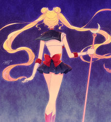 Rule 34 | 1girl, bad id, bad pixiv id, bishoujo senshi sailor moon, blonde hair, blouse, blue sailor collar, blue skirt, bow, choker, crescent, dated, double bun, earrings, elbow gloves, from behind, gloves, jewelry, large bow, long hair, magical girl, microskirt, miniskirt, moon stick, pleated skirt, red bow, ribbon, sailor collar, sailor moon, saki (hxaxcxk), shirt, short sleeves, signature, skirt, sky, solo, standing, star (sky), star (symbol), star earrings, starry sky, tsukino usagi, twintails, very long hair, white gloves, white shirt