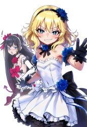 Rule 34 | !, 2girls, absurdres, alternate costume, arm garter, bare shoulders, black gloves, black hair, black hairband, blonde hair, blue eyes, blue flower, blue rose, breasts, bright pupils, child, covered navel, detached collar, dress, dress flower, ebora, flower, front bow, gloves, gradient hair, grin, hair between eyes, hair flower, hair ornament, hairband, highres, layered dress, leivinia birdway, lessar, long hair, looking at another, looking at viewer, mechanical tail, medium breasts, medium hair, multicolored hair, multiple girls, neck flower, pink flower, pink rose, rose, shiny skin, sideboob, small breasts, smile, strapless, strapless dress, sweatdrop, tail, toaru majutsu no index, very long hair, white background, white dress, white hairband, white pupils