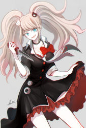 Rule 34 | 1girl, alternate costume, bear hair ornament, black choker, black dress, blonde hair, blue eyes, bow, breasts, choker, cleavage, collarbone, commentary request, danganronpa: trigger happy havoc, danganronpa (series), dress, enoshima junko, hair ornament, hand up, highres, holding, holding knife, kitsunebi v3kokonn, knife, long hair, looking at viewer, medium breasts, nail polish, necktie, plaid, plaid skirt, red bow, red nails, red skirt, signature, skirt, skirt hold, skirt under dress, sleeves rolled up, smile, solo, twintails