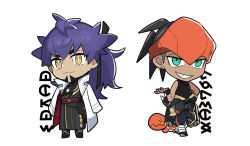 Rule 34 | 2boys, alternate costume, black gloves, black ribbon, chibi, closed mouth, clothes around waist, coat, coat on shoulders, commentary request, creatures (company), crossed arms, fingerless gloves, game freak, gen 3 pokemon, gloves, green eyes, grin, hair ribbon, half-closed eyes, hand on own hip, hand up, headband, leon (pokemon), male focus, multiple boys, nintendo, orange headband, ou negi, pokemon, pokemon (creature), pokemon swsh, ponytail, raihan (pokemon), red sash, ribbon, sash, simple background, sleeveless, smile, standing, teeth, trapinch, white background, white coat