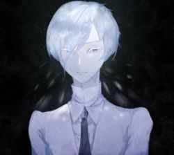 Rule 34 | androgynous, antarcticite, artist request, bad id, bad pixiv id, blue eyes, colored eyelashes, gem uniform (houseki no kuni), gender request, hair over one eye, highres, houseki no kuni, looking at viewer, necktie, short hair, solo, upper body, white hair