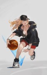 Rule 34 | 1girl, ball, baseball cap, basketball, basketball (object), black legwear, blonde hair, blue eyes, breasts, brooklyn nets, burari, cleavage, collarbone, commentary request, dribbling (basketball), grey background, halterneck, hat, jacket, long hair, medium breasts, motion lines, national basketball association, open clothes, open jacket, open mouth, original, red shorts, running, shoes, short sleeves, shorts, sidelocks, sneakers, solo, spalding, wrist cuffs