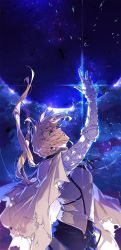 Rule 34 | 1boy, armor, bedivere (fate), breastplate, cape, cloud, commentary request, fallstreak hole, fate/grand order, fate (series), floating hair, glowing, green eyes, hair between eyes, hair tubes, highres, knight, long hair, looking up, male focus, night, night sky, outdoors, parted lips, ponytail, prosthesis, prosthetic arm, senzaki makoto, silver hair, sky, solo, star (sky), starry sky, teeth, torn cape, torn clothes, twitter username, white cape