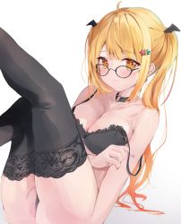 Rule 34 | absurdres, ass, bare shoulders, bespectacled, black-framed eyewear, black bra, black thighhighs, blonde hair, bra, breasts, choker, cleavage, closed mouth, collarbone, earrings, glasses, gradient hair, head wings, heart, heart choker, highres, hololive, jewelry, lace, lace-trimmed bra, lace trim, large breasts, legs up, long hair, looking at viewer, mihasu, multicolored hair, nail polish, orange eyes, red nails, sidelocks, simple background, sitting, sketch, strap slip, thighhighs, thong, underwear, virtual youtuber, wings, yozora mel
