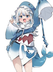 Rule 34 | animal hood, arm up, blue eyes, blue hair, blush, fingernails, fins, fish tail, gawr gura, grey hair, holding, hololive, hololive english, hood, hood up, light blue hair, long hair, multicolored hair, open mouth, oversized zipper, shark hood, shark tail, sharp teeth, simple background, sketch, sleeves past fingers, sleeves past wrists, solo, streaked hair, tail, teeth, upper teeth only, virtual youtuber, white background, zairen, zipper, zipper pull tab