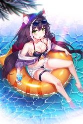 Rule 34 | 1girl, animal ear fluff, animal ears, bare shoulders, barefoot, bikini, black hair, blush, breasts, cat ears, cleavage, collarbone, cup, drinking straw, eyewear on head, fang, female focus, green eyes, hair intakes, highres, holding, holding cup, innertube, jacket, karyl (princess connect!), karyl (summer) (princess connect!), long hair, looking at viewer, low twintails, medium breasts, multicolored hair, navel, open mouth, picter, princess connect!, short shorts, shorts, sitting, smile, solo, streaked hair, sunglasses, swim ring, swimsuit, thigh strap, twintails, very long hair, water, white hair, white shorts