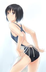 Rule 34 | 1girl, amagami, apron, black hair, bob cut, brown eyes, competition swimsuit, looking back, nanasaki ai, one-piece swimsuit, short hair, solo, swimsuit, swimsuit under clothes, yomo (majidon)