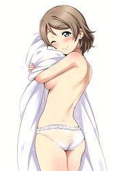 Rule 34 | 1girl, absurdres, ass, back, blue eyes, blush, breasts, brown hair, closed mouth, convenient arm, cowboy shot, from behind, highres, legs together, lips, looking at viewer, looking back, love live!, love live! sunshine!!, medium breasts, hugging object, one eye closed, panties, pillow, pillow hug, sankuro (agoitei), scan, short hair, simple background, smile, solo, standing, thighs, topless, underwear, underwear only, watanabe you, white background, white panties