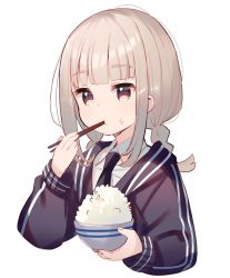 Rule 34 | 1girl, black jacket, black necktie, bowl, braid, brown eyes, brown hair, chopsticks, closed mouth, collared shirt, commentary request, copyright request, cropped torso, food, food on face, highres, holding, holding bowl, holding chopsticks, jacket, long hair, long sleeves, looking away, low twintails, meito (maze), necktie, puffy long sleeves, puffy sleeves, rice, rice bowl, rice on face, shirt, simple background, solo, thick eyebrows, twin braids, twintails, upper body, white background, white shirt