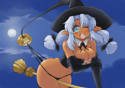 Rule 34 | 1girl, bare shoulders, blue eyes, blue hair, blush, breasts, broom, broom riding, bustier, cleavage, corset, dark skin, dark-skinned female, elbow gloves, gloves, halloween, hat, highres, jack-o&#039;-lantern, lingerie, matching hair/eyes, naitou kouse, navel, one eye closed, open mouth, original, pointy ears, pumpkin, solo, twintails, underwear, wedgie, wink, witch hat