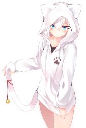 Rule 34 | 1girl, animal ears, animal hood, bell, blue eyes, blush, bottomless, cat day, cat ears, cat hood, cat tail, closed mouth, fake animal ears, hair between eyes, hair ornament, hairclip, holding own tail, hood, hoodie, long sleeves, looking at viewer, original, otokuyou, ringo-chan (haegiwa), ringo-chan (otokuyou), shirt tug, simple background, solo, tail, tail bell, tail ornament, white background, white hair