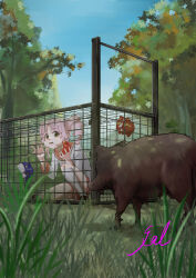 Rule 34 | 1girl, apple, blue sky, boar, cage, cage trap, commentary request, creature, curtained hair, day, dress, drill hair, eating, fang, food, food bite, forest, fruit, full mouth, grass, highres, holding, holding food, holding fruit, knee up, kneehighs, long hair, long sleeves, looking at animal, nature, open mouth, outdoors, pink hair, pink sailor collar, pointy ears, sailor collar, sailor dress, sharu (aki ch.), short dress, signature, sitting, sky, socks, solo, tree, tsuina-chan, twin drills, voiceroid, white socks, wide shot, yellow eyes