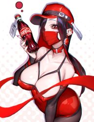 Rule 34 | 1girl, ass, bandaid, bandaid on face, black hair, black pantyhose, bottle, breasts, cleavage, coca-cola, collar, collarbone, covered erect nipples, covered navel, detached sleeves, dress, earrings, hat, holding, holding bottle, jewelry, kmpym, large breasts, long hair, looking at viewer, mask, mouth mask, nail polish, original, pantyhose, red dress, red eyes, red hair, red nails, solo