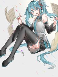 Rule 34 | 1girl, bad id, bad pixiv id, black footwear, black skirt, blue eyes, blue hair, blue necktie, blush, boots, confetti, detached sleeves, flying paper, grey background, hatsune miku, highres, hufy, long hair, long sleeves, looking at viewer, necktie, open mouth, paper, pleated skirt, sheet music, skirt, solo, thigh boots, thighhighs, twintails, very long hair, vocaloid, zettai ryouiki