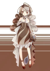 Rule 34 | 1girl, arm warmers, bad id, bad pixiv id, bare shoulders, bow, brown dress, brown eyes, brown footwear, brown hair, cafe au lait, detached sleeves, dress, frills, full body, hat, hat bow, long hair, looking at viewer, multicolored hair, original, personification, pocketland, pointing, pointing up, shoes, silver hair, solo, split-color hair, spoon, standing, striped, striped background, two-tone hair, wavy hair, xanxus3032