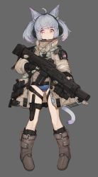 Rule 34 | 1girl, :&lt;, absurdres, ahoge, american flag, animal ears, blue hair, boots, brown eyes, cat ears, cat tail, dagger, fingerless gloves, full body, gloves, gluteal fold, gun, headset, highres, holding, holding gun, holding weapon, jacket, knife, multicolored eyes, multicolored hair, original, pink eyes, pink hair, polygonal suppressor, puremage, school swimsuit, sheath, sheathed, silver hair, simple background, solo, suppressor, swimsuit, swimsuit under clothes, tail, trigger discipline, twintails, two-tone hair, weapon