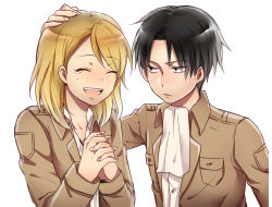 Rule 34 | 1boy, 1girl, amm0916, black hair, blonde hair, closed eyes, hand on another&#039;s head, own hands clasped, jacket, levi (shingeki no kyojin), own hands together, petra ral, shingeki no kyojin, smile, tears