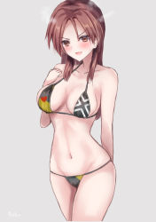 Rule 34 | 1girl, absurdres, bikini, breasts, brown eyes, brown hair, commentary request, cowboy shot, flag print, grey background, highres, long hair, martinreaction, medium breasts, minna-dietlinde wilcke, print bikini, simple background, solo, standing, strike witches, swimsuit, world witches series