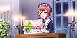 Rule 34 | 1girl, absurdres, beret, blue eyes, blush, book, candelabra, candle, candlestand, christmas, fire, fire, flower, hair ornament, hat, hat ornament, highres, holding, holding book, indoors, kurosawa ruby, long sleeves, love live!, love live! school idol festival all stars, love live! sunshine!!, low twintails, night, night sky, official art, open mouth, picture book, plant, red hair, rose, short hair, sky, sleeve cuffs, smile, solo, star (sky), star (symbol), star hair ornament, star hat ornament, starry sky, twintails, window