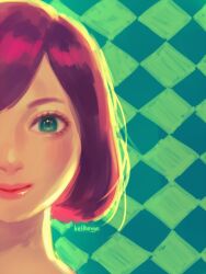 Rule 34 | 1girl, argyle, argyle background, argyle clothes, artist name, bellhenge, blue eyes, closed mouth, commentary, english commentary, eyelashes, green background, head only, lipstick, makeup, original, pink lips, realistic, red hair, short hair, smile, straight-on, thick eyebrows