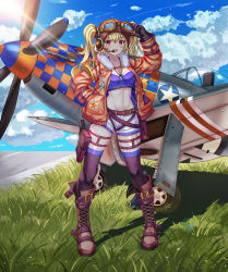 Rule 34 | 1girl, :d, absurdres, aircraft, airplane, arm up, aviator cap, belt, black gloves, blonde hair, blue sky, blush, bomber jacket, boots, breasts, brown belt, brown footwear, cleavage, cloud, collarbone, commentary, crop top, cropped shirt, day, dog tags, flight goggles, full body, fur-trimmed jacket, fur trim, gloves, goggles, goggles on head, goggles on headwear, grass, groin, gun, hair between eyes, hand in pocket, headset, highres, holding, holding goggles, holstered, jacket, knee boots, light rays, long hair, long sleeves, looking at viewer, medium breasts, melreon, midriff, navel, open clothes, open jacket, open mouth, orange jacket, original, outdoors, pilot, purple shirt, red eyes, resolution mismatch, shadow, shirt, short shorts, shorts, sidelocks, skindentation, sky, smile, solo, source smaller, standing, sunbeam, sunlight, toned, twintails, weapon, white shorts