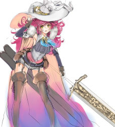 Rule 34 | armpits, belt, belt pouch, boots, bow, breasts, brooch, brown thighhighs, cape, character request, collar, copyright request, corset, elbow gloves, fingerless gloves, garter straps, gloves, hair ornament, hairpin, hat, holding, holding sword, holding weapon, jewelry, long hair, mins (minevi), pink hair, pouch, sheath, short shorts, shorts, simple background, solo, swept bangs, sword, thigh boots, thighhighs, weapon, white background, white hat, yellow eyes