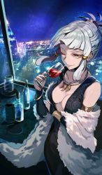 Rule 34 | 1girl, alcohol, black dress, black gloves, black nails, bottle, bracelet, braid, breasts, bridal gauntlets, building, cleavage, coat, collarbone, craft essence (fate), cup, dress, drinking glass, elbow gloves, fate/grand order, fate (series), french braid, fur coat, gloves, grey hair, hair tubes, hair up, holding, holding cup, jewelry, long dress, medium breasts, nail polish, necklace, night, night sky, official art, penthesilea (fate), penthesilea (shining skyscrapers) (fate), pokimari, short hair, sidelocks, sky, skyline, skyscraper, solo, window, wine, wine glass, yellow eyes