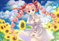 Rule 34 | 1girl, absurdres, arms behind back, belt, blunt bangs, cloud, collared dress, commentary, cowboy shot, dress, drill hair, field, floating clothes, flower, flower field, hair ribbon, highres, holding, holding flower, looking at viewer, one piece, open mouth, perona, pink hair, purple eyes, rainbow, red ribbon, ribbon, short sleeves, sizukawatanuk1, sky, smile, solo, sunflower, sunflower field, twintails, twitter username, white dress