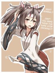 Rule 34 | 10s, 1girl, animal ears, blush, brown eyes, fang, fox ears, fox tail, hachimaki, hakama, hakama pants, hard-translated, headband, high ponytail, highres, japanese clothes, kantai collection, light brown hair, looking at viewer, open mouth, pants, simple background, solo, tail, third-party edit, translated, wavy mouth, wide sleeves, yakob labo, zuihou (kancolle)