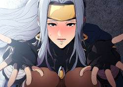Rule 34 | 1girl, black eyes, blush, breasts, embarrassed, female focus, fingerless gloves, gloves, greco roman (spiral brain), hands up, headband, high ponytail, highres, kunoichi, large breasts, light purple hair, long hair, looking at viewer, lying, ninja, nose blush, open mouth, original, ponytail, pov, purple hair, shrug (clothing), sidelocks, simple background, skin tight, solo, upper body