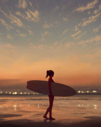 Rule 34 | 1girl, absurdres, bare arms, bare legs, bare shoulders, barefoot, beach, bikini, black bikini, black hair, blue sky, blurry, blurry background, carrying, carrying under arm, cloud, depth of field, facing away, from side, guweiz, highres, looking away, looking to the side, original, outdoors, ponytail, reflection, sand, sky, solo, standing, sunset, surfboard, swimsuit, water