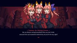 Rule 34 | 3girls, :d, animal ear fluff, animal ears, black gloves, black neckwear, black pants, blue ribbon, burbur, cerberus (helltaker), cerberus (helltaker) (cosplay), character name, commentary, cosplay, demon tail, english commentary, english text, fang, fate/grand order, fate (series), fox ears, gloves, hair between eyes, hair ribbon, helltaker, highres, holding hands, long hair, long sleeves, multiple girls, necktie, open mouth, pants, pink hair, ponytail, purple ribbon, red ribbon, red shirt, ribbon, shirt, skin fang, smile, tail, tamamo (fate), tamamo no mae (fate/extra), tamamo no mae (swimsuit lancer) (fate), yellow eyes