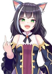 Rule 34 | 1girl, animal ear fluff, animal ears, bare shoulders, black hair, blush, brooch, cat ears, cat girl, detached sleeves, dress, evasong, green eyes, highres, jewelry, karyl (princess connect!), long hair, looking at viewer, low twintails, middle finger, multicolored hair, open mouth, princess connect!, simple background, sleeveless, sleeveless dress, smile, smug, solo, streaked hair, teeth, twintails, upper body, upper teeth only, white background, white hair, wide sleeves