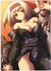 Rule 34 | 1girl, bare shoulders, blush, breasts, brown hair, cleavage, hairband, japanese clothes, kimono, large breasts, looking at viewer, lying, on back, primitive link, red eyes, short hair, silver hair, sione, solo, sword, thighhighs, weapon