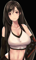 Rule 34 | 1girl, bare shoulders, black background, black gloves, black hair, black skirt, blush, breasts, brown eyes, cleavage, closed mouth, collarbone, elbow gloves, elbow pads, final fantasy, final fantasy vii, gloves, highres, large breasts, long hair, looking at viewer, low-tied long hair, midriff, shirt, simple background, skirt, smile, solo, suspender skirt, suspenders, takanashi-a, tank top, taut clothes, taut shirt, tifa lockhart, white tank top