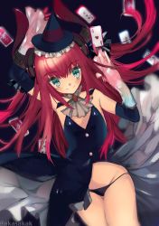 Rule 34 | 10s, 1girl, akasakak, bad id, bad pixiv id, blue eyes, card, detached sleeves, elbow gloves, elizabeth bathory (fate), elizabeth bathory (fate/extra ccc), fate/extella, fate/extra, fate/extra ccc, fate (series), flat chest, gloves, horns, long hair, looking at viewer, official alternate costume, playing card, purple hair, smile, solo