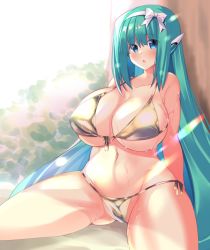 Rule 34 | :o, bare arms, bare legs, bikini, blush, borrowed character, bow, breasts, cleavage, commentary request, curvy, green eyes, green hair, hair bow, highres, huge breasts, komo da, lens flare, long hair, looking at viewer, magical girl, navel, open mouth, original, robot ears, side-tie bikini bottom, sidelocks, sitting, solo, spread legs, stomach, sweat, swimsuit, thighs, underboob, very long hair, wet, y-0 (generic ooban yaki), yellow bikini