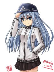 Rule 34 | 10s, 1girl, cosplay, hand in pocket, hand on headwear, haura akitoshi, hayasui (kancolle), hayasui (kancolle) (cosplay), hibiki (kancolle), jacket, kantai collection, long hair, looking at viewer, simple background, skirt, solo, track jacket, twitter username