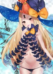 Rule 34 | 1girl, :d, abigail williams (fate), abigail williams (second ascension) (fate), absurdres, black bow, black hat, black panties, blonde hair, blush, bow, cameltoe, checkered background, commentary request, fate/grand order, fate (series), finger to mouth, fingernails, gluteal fold, groin, hat, hat bow, head tilt, highres, key, keyhole, long hair, looking at viewer, lowleg, lowleg panties, navel, open mouth, orange bow, panties, parted bangs, red eyes, revealing clothes, smile, solo, stuffed animal, stuffed toy, teddy bear, teeth, topless, underwear, upper teeth only, very long hair, wan zuo, witch hat