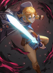 Rule 34 | 1boy, absurdres, belt, blonde hair, blue eyes, blue tunic, booth seating, brown footwear, brown pants, cape, clenched hand, closed mouth, elf, feet out of frame, fingerless gloves, gloves, glowing, glowing sword, glowing weapon, gradient background, hair between eyes, highres, holding, holding sword, holding weapon, link, looking at viewer, male focus, master sword, medium hair, nintendo, pants, pointy ears, pouch, serious, simple background, skl, slashing, solo, standing, standing on one leg, sword, the legend of zelda, the legend of zelda: breath of the wild, tunic, v-shaped eyebrows, weapon