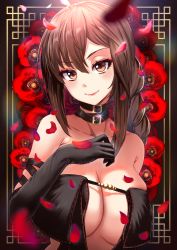 Rule 34 | 1girl, absurdres, arm strap, bare shoulders, black dress, black gloves, blush, braid, braided ponytail, breasts, brown eyes, brown hair, center opening, choker, cleavage, collarbone, dress, earrings, elbow gloves, fate/grand order, fate (series), flower, gloves, highres, jewelry, large breasts, long hair, multiple earrings, petals, ribbon-trimmed dress, shibao aoyama, sidelocks, smile, solo, very long hair, yu mei-ren (fate)