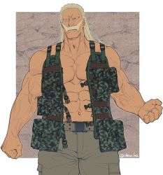 Rule 34 | 1boy, abs, bara, bare arms, bare shoulders, belt, boku no hero academia, brown pants, bulge, camouflage, camouflage jacket, facial hair, feet out of frame, jacket, large pectorals, light brown hair, long hair, male focus, mature male, muscular, muscular male, mustache, navel, old, old man, ono (ohno ha), open clothes, open jacket, pants, pectoral cleavage, pectorals, sidepec, sleeveless, sleeveless jacket, snatch (boku no hero academia), solo, stomach, thick eyebrows, veins