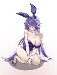 Rule 34 | 1girl, absurdres, acheron (honkai: star rail), alternate costume, animal ears, armpit crease, bare legs, bare shoulders, closed mouth, collar, commentary request, detached collar, drop shadow, eyes visible through hair, fake animal ears, gradient background, hair intakes, hair over one eye, highleg, highleg leotard, highres, honkai: star rail, honkai (series), leotard, looking at viewer, playboy bunny, purple eyes, purple footwear, purple hair, purple leotard, rabbit ears, simple background, solo, squatting, white background, white collar, white wrist cuffs, wrist cuffs, zaizai1936
