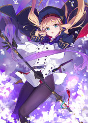 Rule 34 | 1girl, artoria caster (fate), artoria caster (second ascension) (fate), artoria pendragon (fate), beret, black pantyhose, blue headwear, blush, breasts, buttons, capelet, fate/grand order, fate (series), flower, gloves, green eyes, hat, holding, holding staff, long hair, long sleeves, looking at viewer, multicolored capelet, open mouth, pantyhose, sitting, small breasts, staff, sword, thighs, weapon, yd (orange maru)