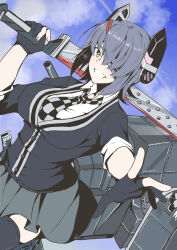 Rule 34 | 1girl, black gloves, black jacket, black skirt, black thighhighs, blazer, blue sky, checkered necktie, dated, dutch angle, eyepatch, gloves, grin, highres, holding, holding sword, holding weapon, jacket, kantai collection, looking at viewer, machinery, necktie, outdoors, over shoulder, partially fingerless gloves, purple hair, school uniform, shirt, short hair, short sleeves, skirt, sky, smile, solo, sword, sword over shoulder, taira yuuki, tenryuu (kancolle), tenryuu kai ni (kancolle), thighhighs, weapon, weapon over shoulder, white shirt, yellow eyes